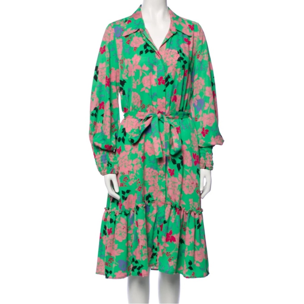 NWT MISA Green button down smocked sleeve dress